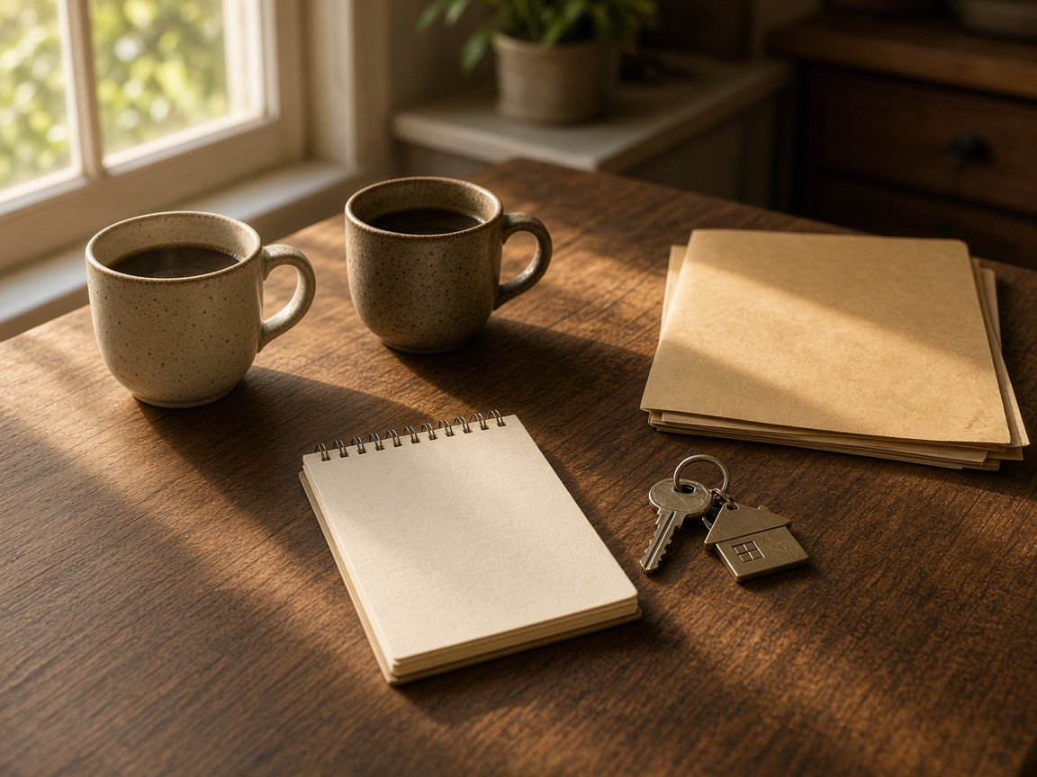 Two coffee cups, a notebook, and a set of house keys on a wooden table