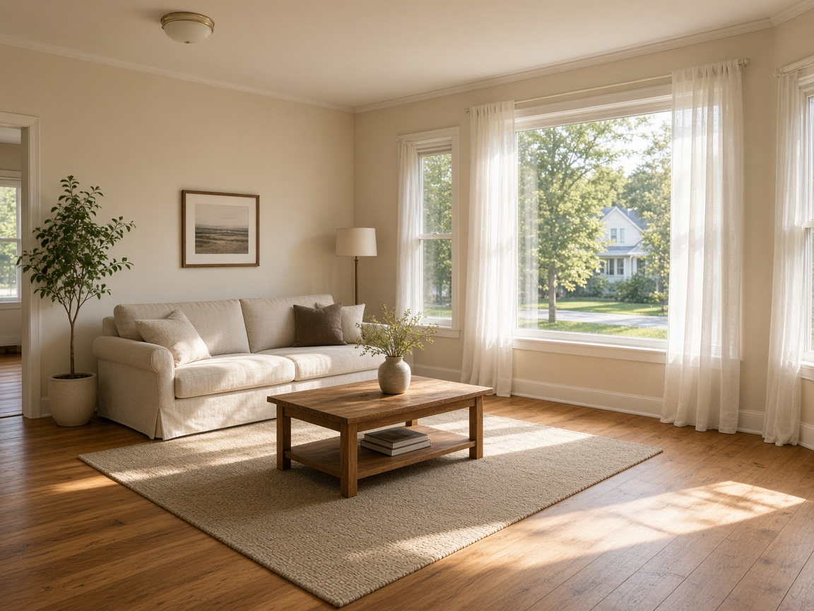 A living room with a white sofa, a wooden coffee table, and large windows
